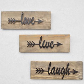 Nástenná drevená dekorácia LOVE LIVE LAUGH hnedá/čierna