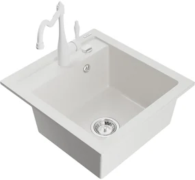 Mexen Vito, granitový drez 490x520x210 mm, 1-komorový a drezová batéria Carla, biela, 6503-20-670700-20