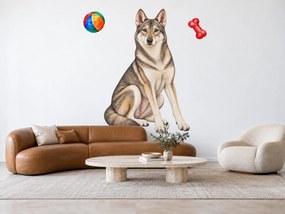 Československý vlčiak s loptičkou a kosťou realistické textilné nálepky na stenu pre milovníkov vlčiakov arch 30 x 46 cm
