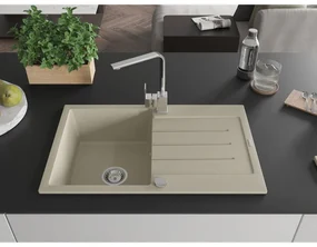 Mexen Bruno, drez granitový 795x495x200 mm, 1-komorový, béžová s chrómovým sifónom a chrómová drezová batéria Rita, 6513-69-670300-00