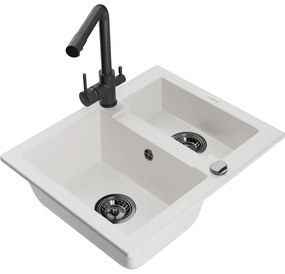 Mexen Carlos, 1,5-komorový granitový drez 582x475x177 mm a drezová batéria Duero, biela, 6518-20-671600-70