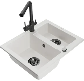 Mexen Carlos, 1,5-komorový granitový drez 582x475x177 mm a drezová batéria Duero, biela, 6518-20-671600-70