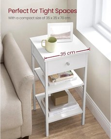 Vysoký nočný stolík s jednou zásuvkou a 2 otvorenými priehradkami, biely