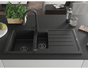 Mexen Andres, 1,5-komorový granitový drez 1000x500x200 mm a drezová batéria Elia, čierna, 6515-77-670101-70-B