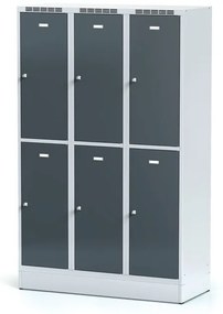Alfa 3 Šatníková skrinka na sokli s úložnými boxami, 6 boxov, 1920 x 1200 x 500 mm, otočný zámok, tmavosivé dvere