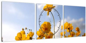 Obraz poľa s jasne žltými kvetmi (s hodinami) (90x30 cm)