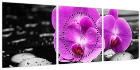 Obraz - Fialové orchidey (s hodinami) (90x30 cm)