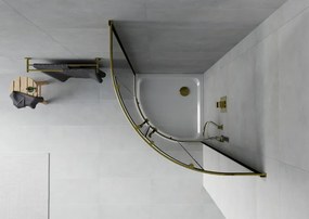 Mexen Rio, štvrťkruhový sprchovací kút s posuvnými dverami 80(dvere) x 80(dvere) x 190 cm, 6mm šedé sklo, zlatý profil + biela sprchová vanička SLIM, 863-080-080-50-40-4110G