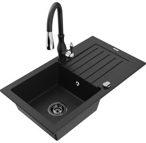 Mexen Pablo, granitový drez 752x436x161 mm, 1-komorový a drezová batéria Savita, čierna, 6510-77-672601-70-B