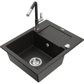 Mexen Enzo, 1-komorový granitový drez 576x465x174 mm a drezová batéria Flora, čierna-zlatá metalíza, 6506-75-670401-07