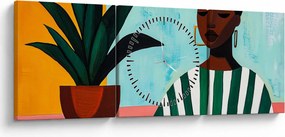 Obraz - Žena s kvetinou (s hodinami) (90x30 cm)