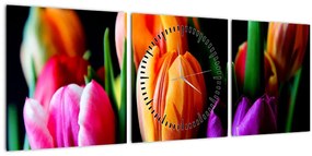 Obraz tulipánov na čiernom pozadí (s hodinami) (90x30 cm)