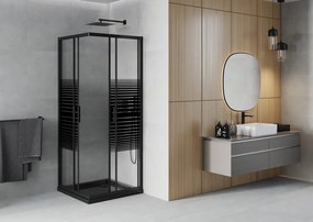 Mexen Rio, štvorcový sprchovací kút s posuvnými dverami 70(dvere) x 70(dvere) x 190 cm, 6mm číre sklo s pásikmi, čierny profil + čierna sprchová vanička SLIM, 860-070-070-70-20-4070B