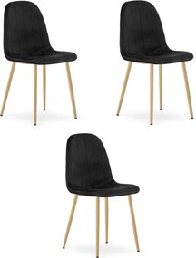 Set troch jedálenských stoličiek PADVA zamatové čierne / hnedé nohy (3 ks)