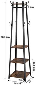 Vešiak na kabáty, 4 police, 8 háčikov, industriálny,  181x45x45cm