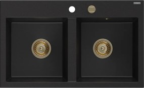 Mexen Hektor, 2-komorový granitový drez 800x480x205 mm, čierna, zlatý sifón,- 6521802000-77-G
