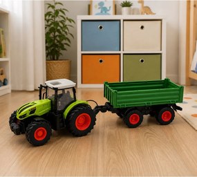 LEAN Toys Poľnohospodársky traktor s vyklápacím prívesom, diaľkovo ovládaný RC, zelený, mierka 1:24