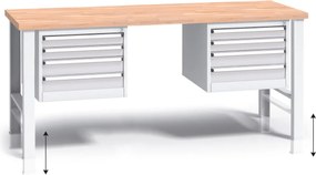 Výškovo nastaviteľný pracovný stôl do dielne G3 s 2 závesnými boxami na náradie, buková škárovka, 8 zásuviek, 2000 x 685 x 840 - 1050 mm, sivá