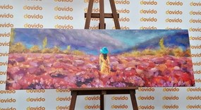 Obraz dievča v žltých šatách v levanduľovom poli - 150x50