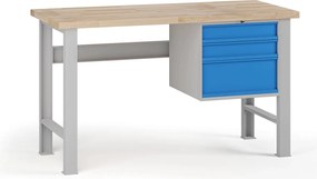 Dielenský pracovný stôl G7, buková škárovka, 1500 x 800 x 840 mm, 1x kontajner, 3 zásuvky, modrá