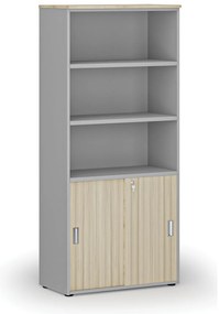 Kombinovaná kancelárska skriňa PRIMO GRAY, zasúvacie dvere na 2 poschodia, 800 x 420 x 1781 mm, sivá/dub prírodný