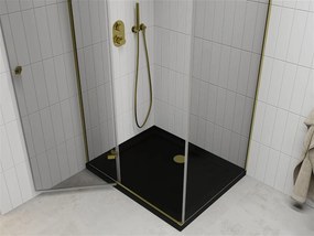 Mexen Roma, sprchovací kút s 1-krídlovými dverami 100 (dvere) x 80 (stena) cm, 6mm číre sklo, zlatý profil, slim sprchová vanička 5cm čierna, 854-100-080-50-00-4070G