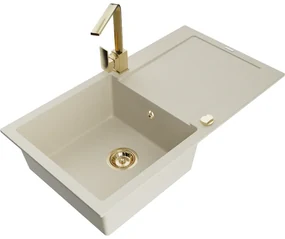 Mexen Leo, drez granitový 900x500x190 mm, 1-komorový, béžový so zlatým sifónom a zlatá drezová batéria Rita, 6501-69-670300-50