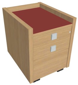 Mobilný kontajner Verno 47 x 60 cm so sklom, 2 zásuvky, dub svetlý / červená