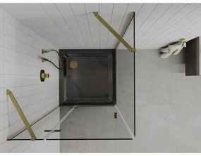 Mexen Roma, sprchový kút s krídlovými dverami 80 (dvere) x 80 (stena) cm, 6mm číre sklo, zlatý profil + slim sprchová vanička čierna + zlatý sifón, 854-080-080-50-00-4070G