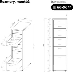 Kartotéková skrinka na kolieskach, kovová, 8 zásuviek, na dokumenty, čierna, 300x1100x600 mm: SARA V8