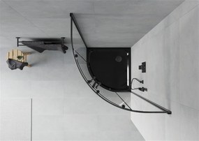 Mexen Rio, štvrťkruhový sprchovací kút s posuvnými dverami 80 x 80 cm, 5mm číre sklo, čierny profil + čierna sprchová vanička, 863-080-080-70-00-4170B