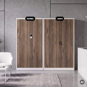Kovová kancelárska skriňa so zámkom na kód biela, orech, 900x1850x400 mm: DANIEL Eco Design