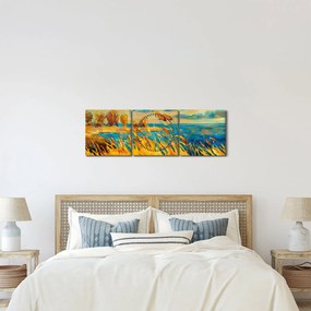 Obraz - Západajúce slnko nad jazerom, akrylová maľba (s hodinami) (90x30 cm)