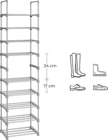 Veľký 10-policový kovový stojan na topánky, botník, sivý