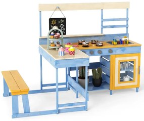 Hlinená kuchyňa s piknikovým stolom pre deti, detská kuchynka z jedľového dreva so vstavanou lavicou, modrá