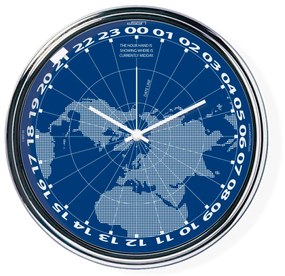 Modré hodiny s chodom 24h ukazujúce na mape, kde je práve poludnie | atelierDSGN