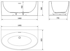 Mexen Bruna, voľne stojaca vaňa ku stene 150 x 82 cm, biela lesklá, biely prepad, 52731508200-20