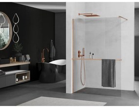 Mexen Kioto+, sprchová zástena Walk-In s poličkou a vešiakom 115 x 200 cm, 8mm číre sklo, medený matný profil, 800-115-121-65-00