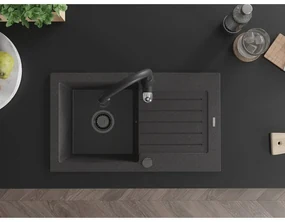 Mexen Pablo, granitový drez 752x436x161 mm, 1-komorový a drezová batéria Savita, čierna škvrnitá, 6510-76-672601-70-B