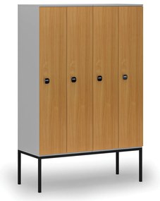 Drevená šatníková skrinka S4 s podnožou, 4 oddiely, 1871 x 1200 x 500 mm, demont, RFID zámok, sivá/buk