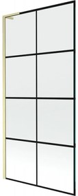 Mexen Next L, 1-krídlová vaňová zástena 90 x 150 cm, 6mm číre sklo-čierny vzor, zlatý matný profil, 895-090-000-03-77-55