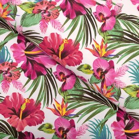 Biante Bavlnený behúň na stôl Sandra SA-555 Ružovo-červené havajské kvety na bielom 35x160 cm