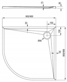 Deante Kerria Plus, štvrťkruhová akrylátová sprchová vanička 90x90x3 cm, hĺbka 1,5cm, technológia Solid, biela, KTS_053B