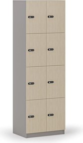 Drevená šatníková skrinka S4 s úložnými boxmi, 8 boxov, demont, mechanický kódový zámok, sivá/breza