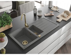 Mexen Andres, granitový drez 1000x500x200 mm, 1,5-komorový, šedá so zlatým sifónom a zlatá drezová batéria Telma, 6515-71-670200-50