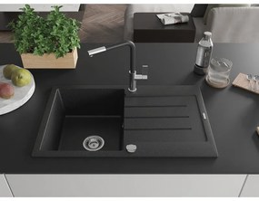 Mexen Bruno, 1-komorový granitový drez 795x495x200 mm a drezová batéria Flora, čierna-strieborná metalíza, 6513-73-670401-07
