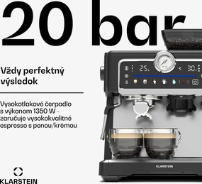 Klarstein GrandPresso Touch kávovar, 20 barov, integrovaný mlynček, indikátor tlaku, mliečna pena