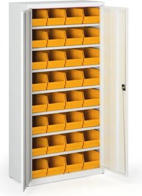Skriňa s plastovými boxami BASIC - 1800 x 400 x 920 mm, 32xC, sivá / sivé dvere