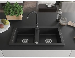 Mexen Mario, 2-komorový granitový drez 82x44 cm s kuchynskou batériou Telma, čierna, 6504-77-670200-70