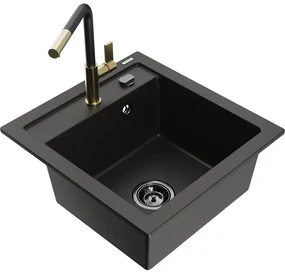 Mexen Vito, 1-komorový granitový drez 490x520x210 mm a drezová batéria Flora, čierna-zlatá metalíza, 6503-75-670401-57-B